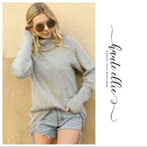 Turtle Dove- Dove Gray Turtleneck Fluff Sweater - Picture 3 of 5